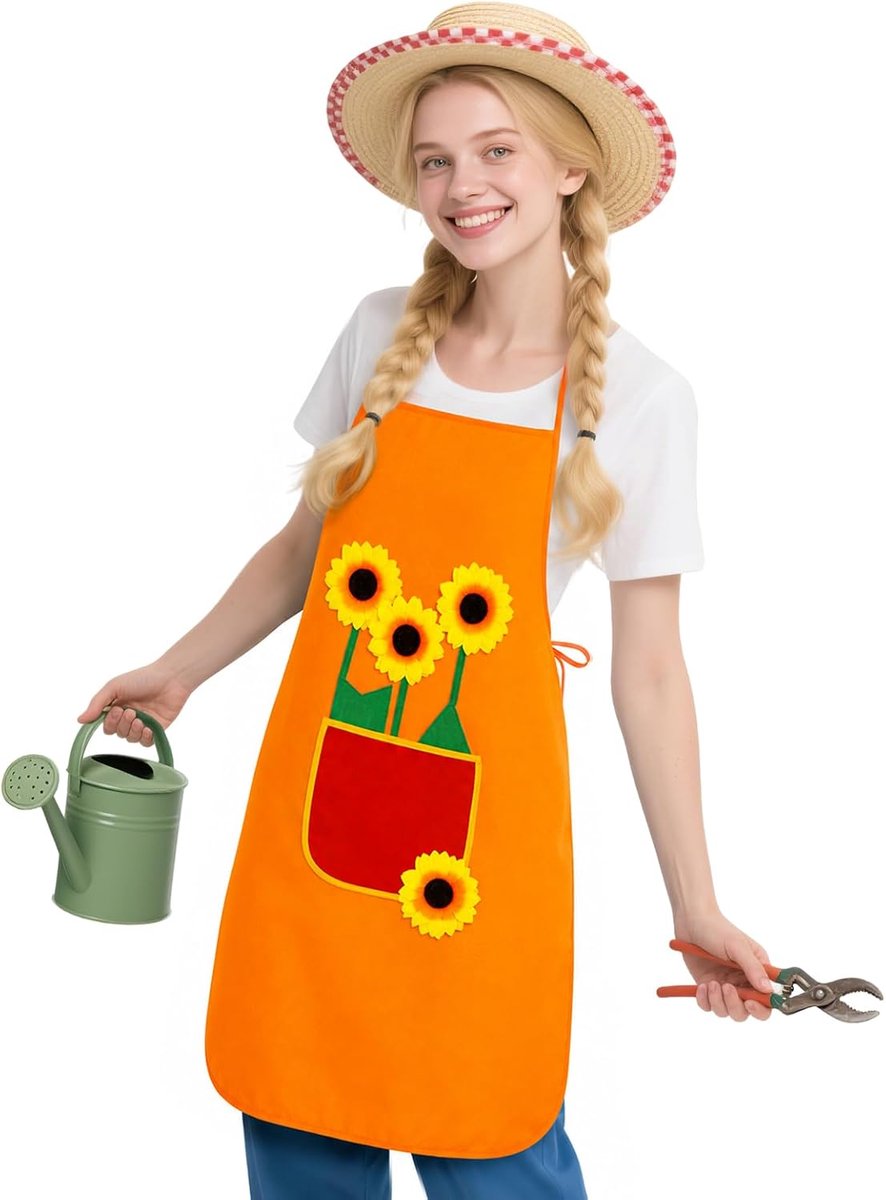 Schort voor dames en heren, verstelbare bloemenschorten, zonnebloemen keukenschort met grote zakken voor koken, bakken, tuinieren