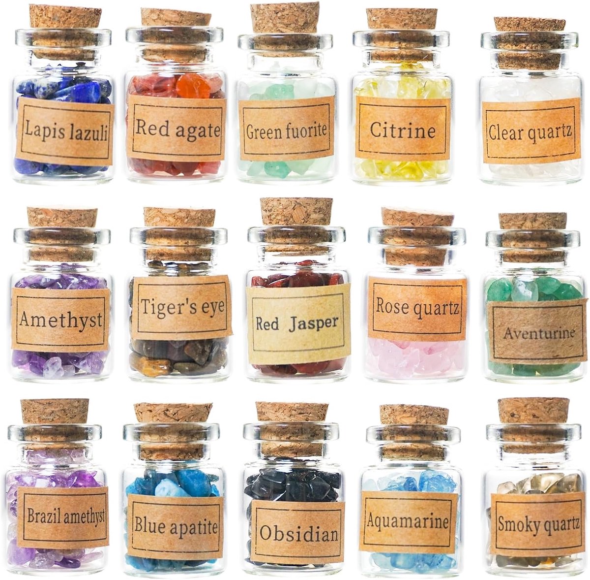15 Stuks Kristallen Edelsteen Flessen Set, Grind Fles Set Edelsteen Kristal Chips Gepolijste Getrommelde Edelsteenchips Wicca Stenen Wens Fles, met Rozenkwarts, Granaat, Clear Quartz