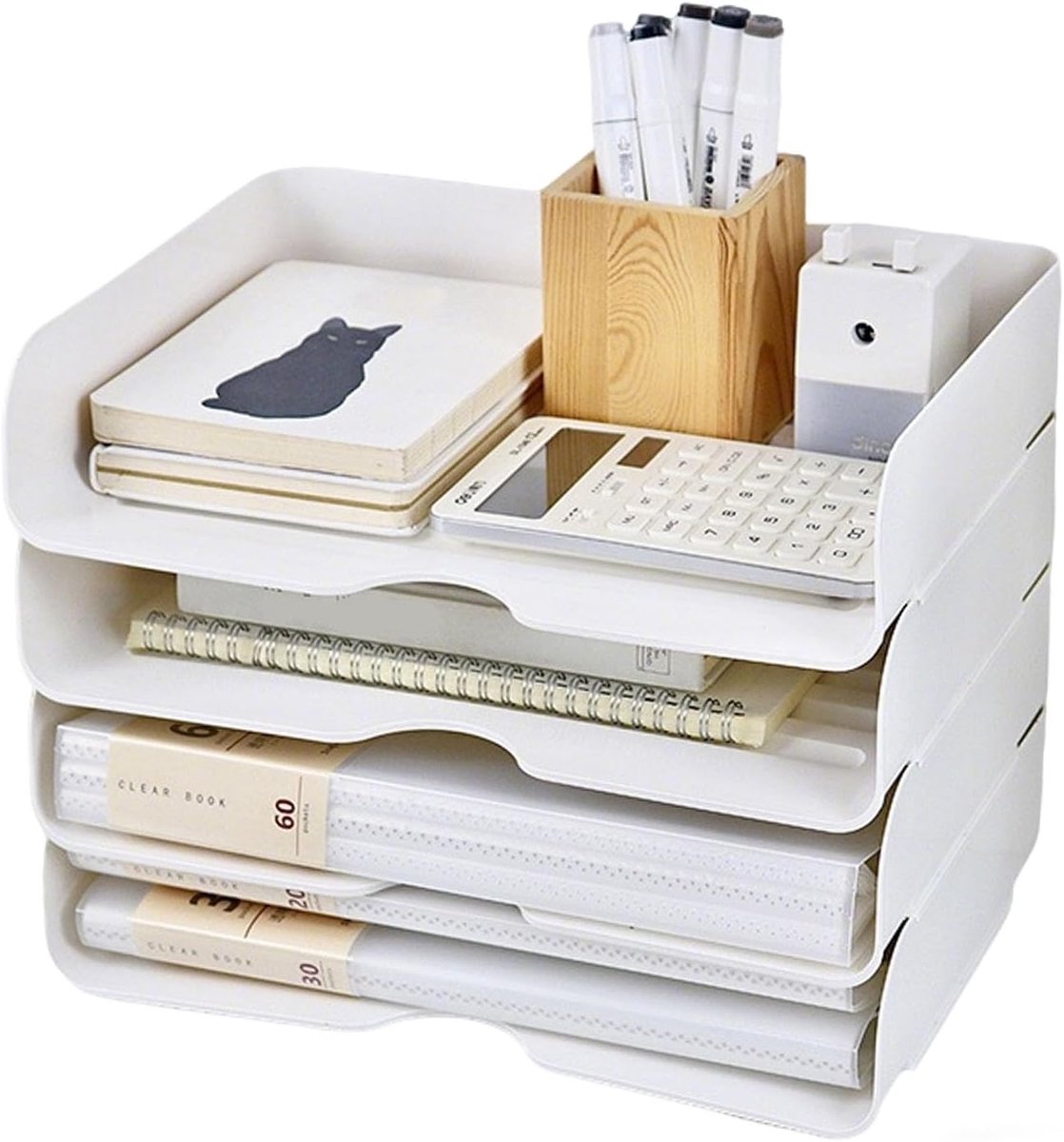 Briefbakjes, A4 stapelbare tijdschriftenhouder, 4 niveaus, documentenbox van PET, bureau-organizer voor kantoor, school en thuis (wit)