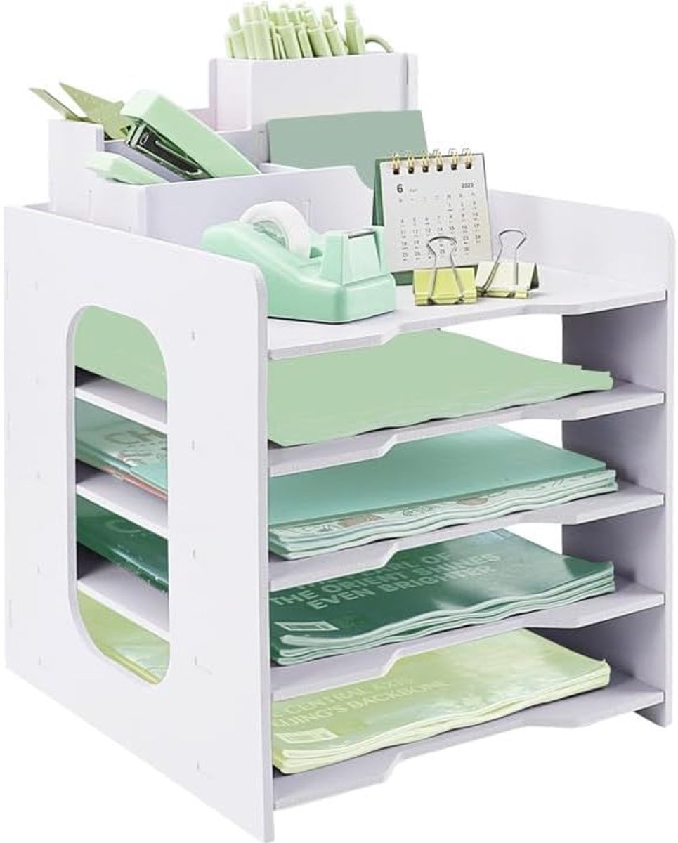 Brievenlade bureauorganizer met archiefladen, 5-laags papierlade met pennenhouder voor kantoor, A4-bureau, opgeruimde organisator, documentenhouder voor kantoor, thuis, school, wit