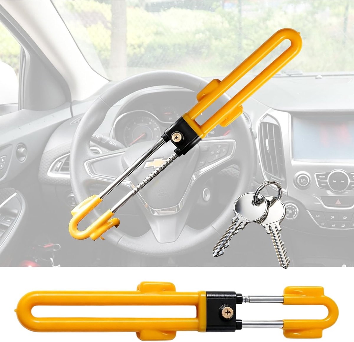 Stuurklem voor auto, stuurslot, diefstalbeveiliging, stuurklauw, universele stuurvergrendeling met 2 sleutels, immobilisatiesysteem voor auto, camper, bestelwagen (geel)