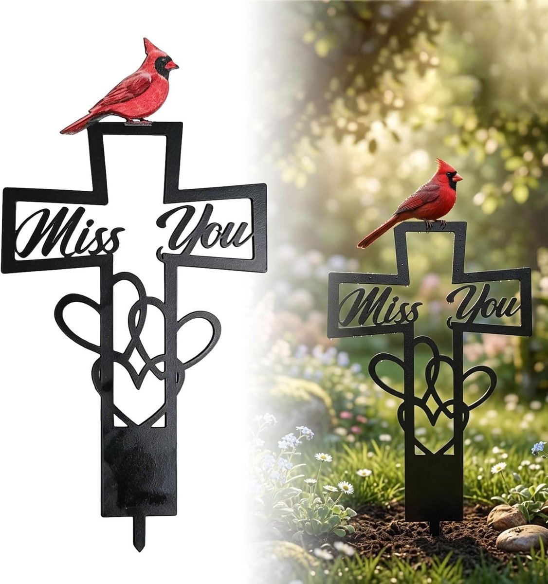 Decoratie Weerbestendig, Metalen Grafdecoratie Met Kruis Hart En Rode Kardinaal, Herinnering Aan Overledenen Voor Graf Begraafplaats Urnengraf Tuin, Begraafplaats Decor Voor