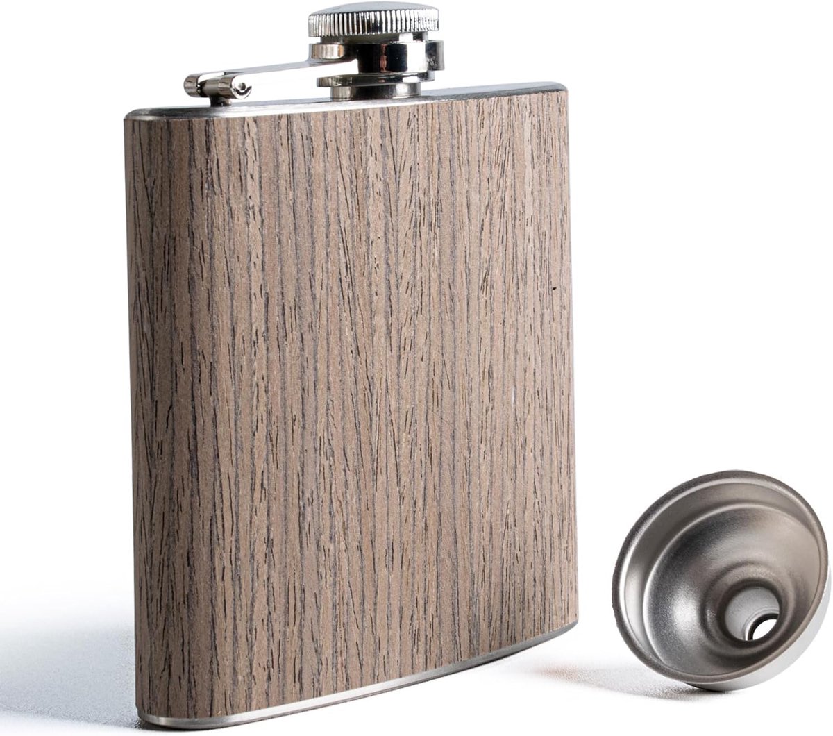 Heupfles met Hout 6oz Zakflacon van Roestvrij Staal met Trechter voor Mannen Draagbare Whisky Fles voor Wandelen Reizen Kamperen Vissen