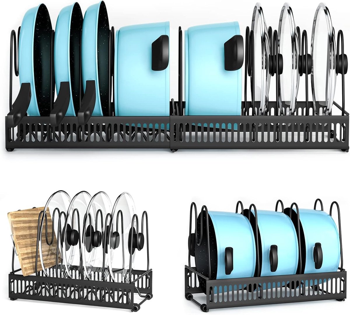pannenorganizer met 10 panplekken, potdeksel, potdekselhouder, snijplank-organizer, pannenhouder voor kast en lade
