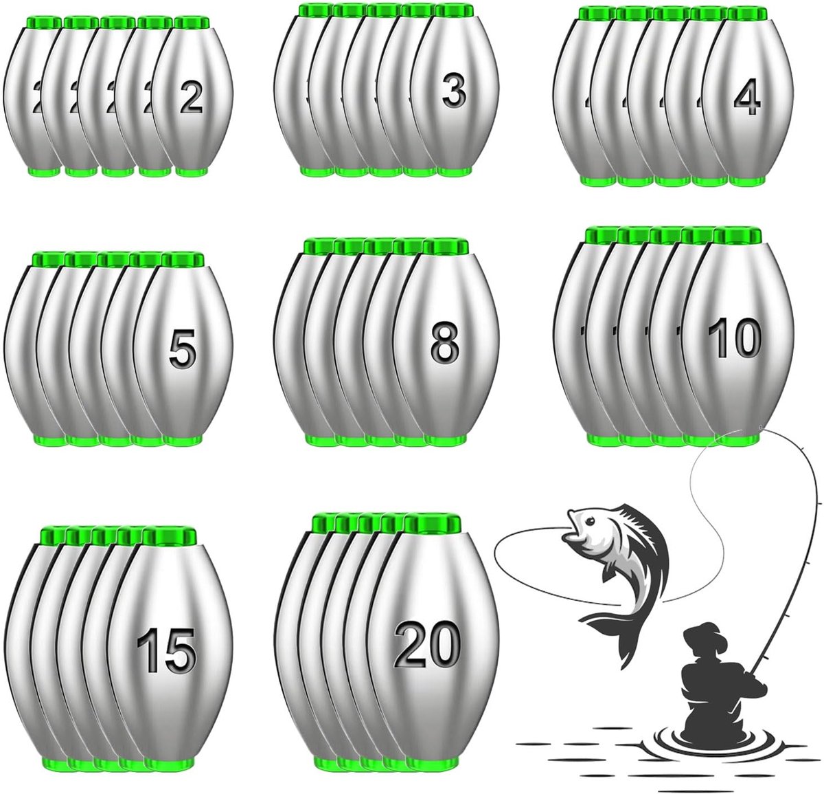 visgewichten, set van 50 stuks, 2 g, 3 g, 4 g, 5 g, 8 g, 10 g, 15 g, 20 g, afneembare loodgewichten met hoge dichtheid, voor zoet en zout water