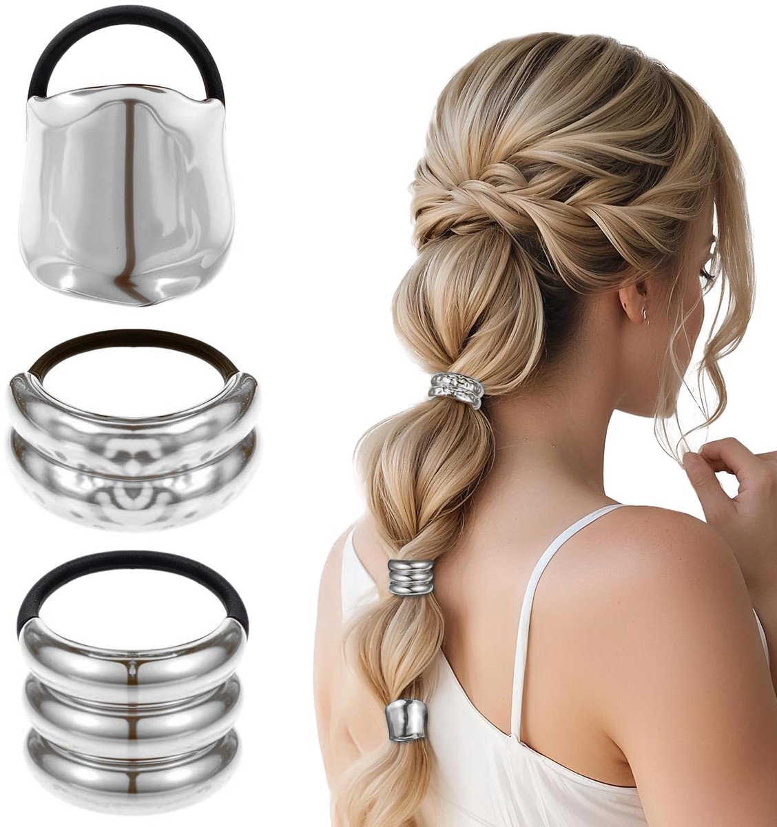 3-delige haarmanchet voor vrouwen, metalen zilveren sieraden, elastische haarband, paardenstaart haartouw accessoire