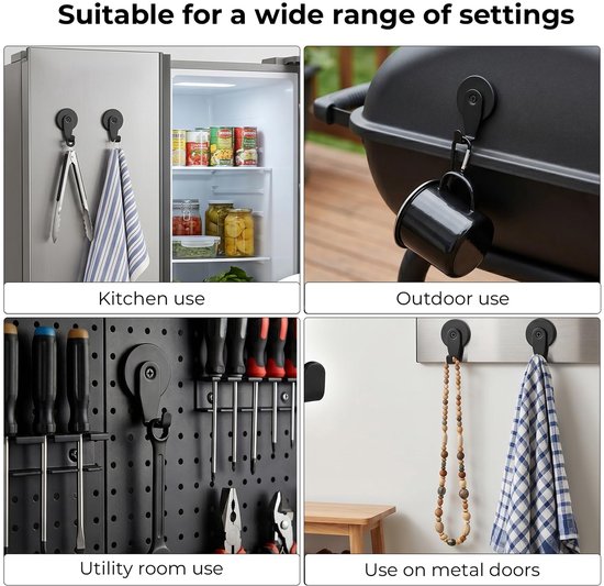 Haken, extra sterk, zwart, magnetische haken met neodymium magneet en siliconen coating, 20 kg trekkracht, magneethaken zonder boren, voor koelkast, keuken, garage, werkplaats, metalen — afbeelding 4