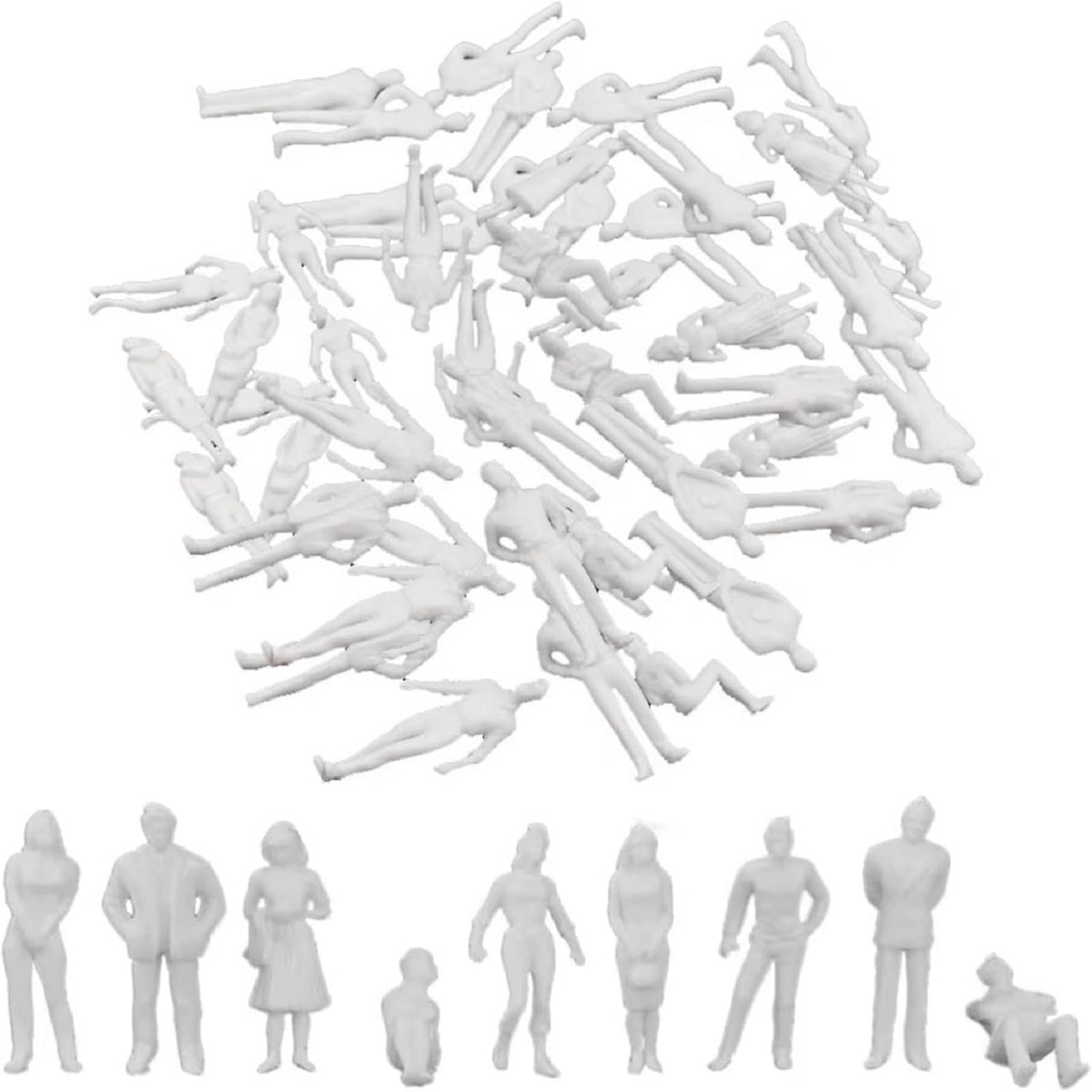 100 stuks modelfiguren, wit, miniatuurfiguren voor modelbouw, schaal 1:100, wit, onbeschilderd, personage miniatuur, verschillende poses miniatuurmensen, voor doe-het-zelf zandtafels en