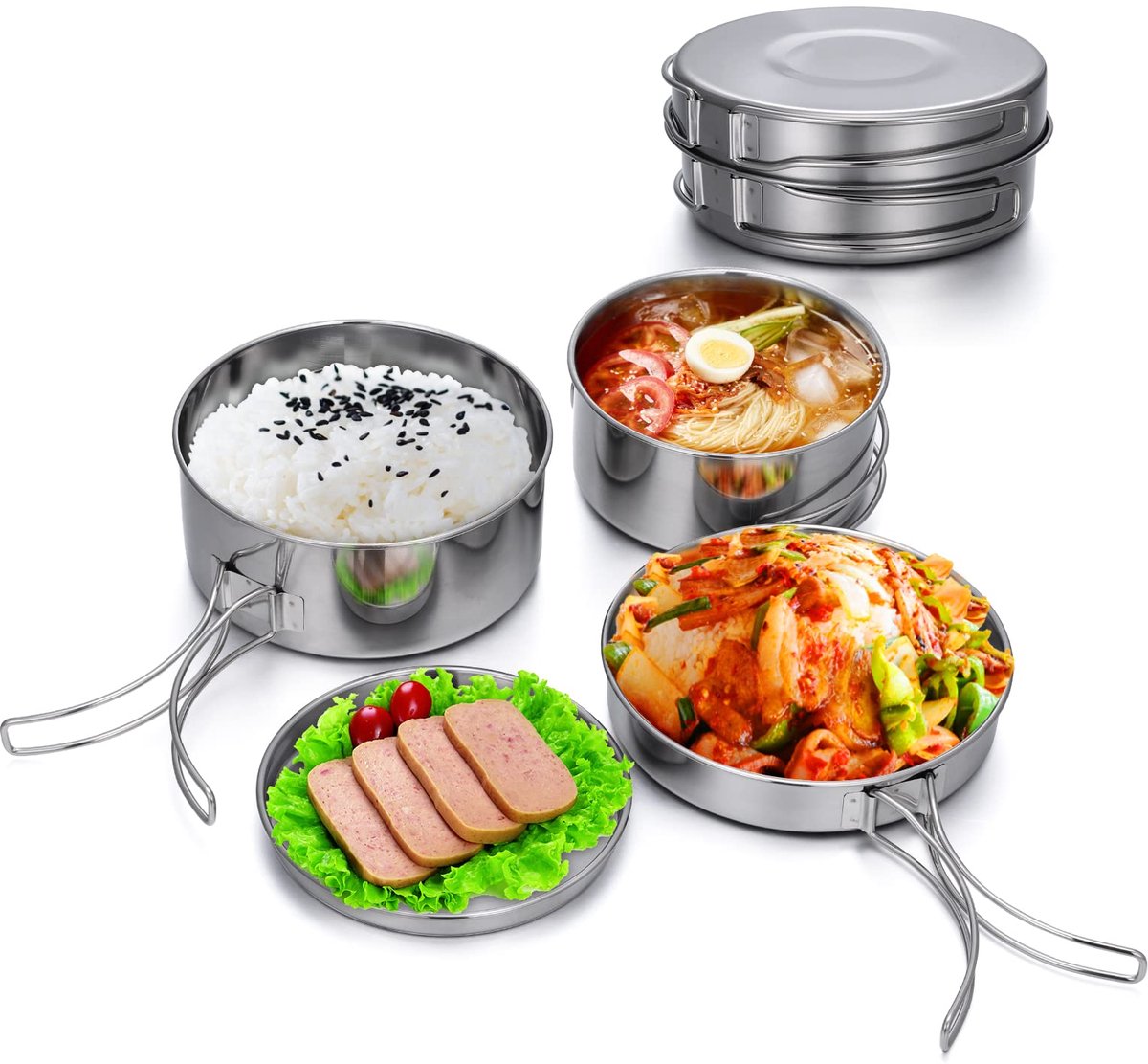 Camping kookgerei set 4-delig roestvrij staal camping pot compact opvouwbaar campinggerei pot plaat voor picknick camping kookset backpacking camping wandelen