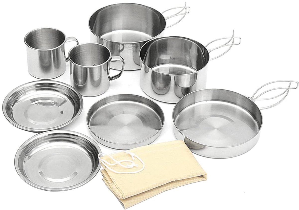 8-Delige Campingpannenset Roestvrij Staal Camping Draagbare Kookset Campingpannenset Voor Picknick Backpacken Wandelen