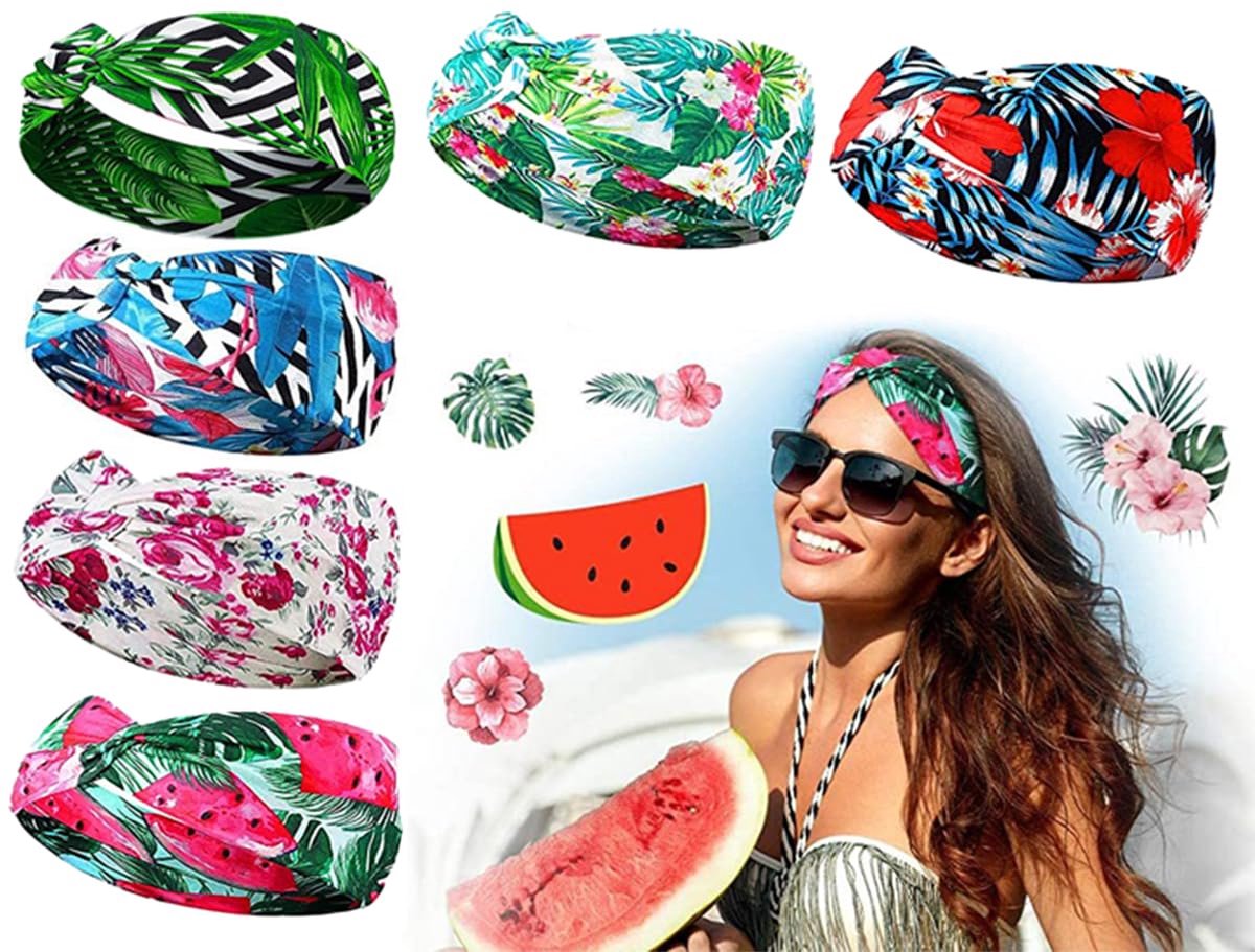 6 stuks hoofdbanden voor dames brede hoofdband Hawaiiaanse strand vakantie stijl boho retro hoofd sjaals |Yoga Haarbanden Stof Elastische Hoofdband Sport Hardlopen Zwemmen Reizen Hoofddoeken (blauw,