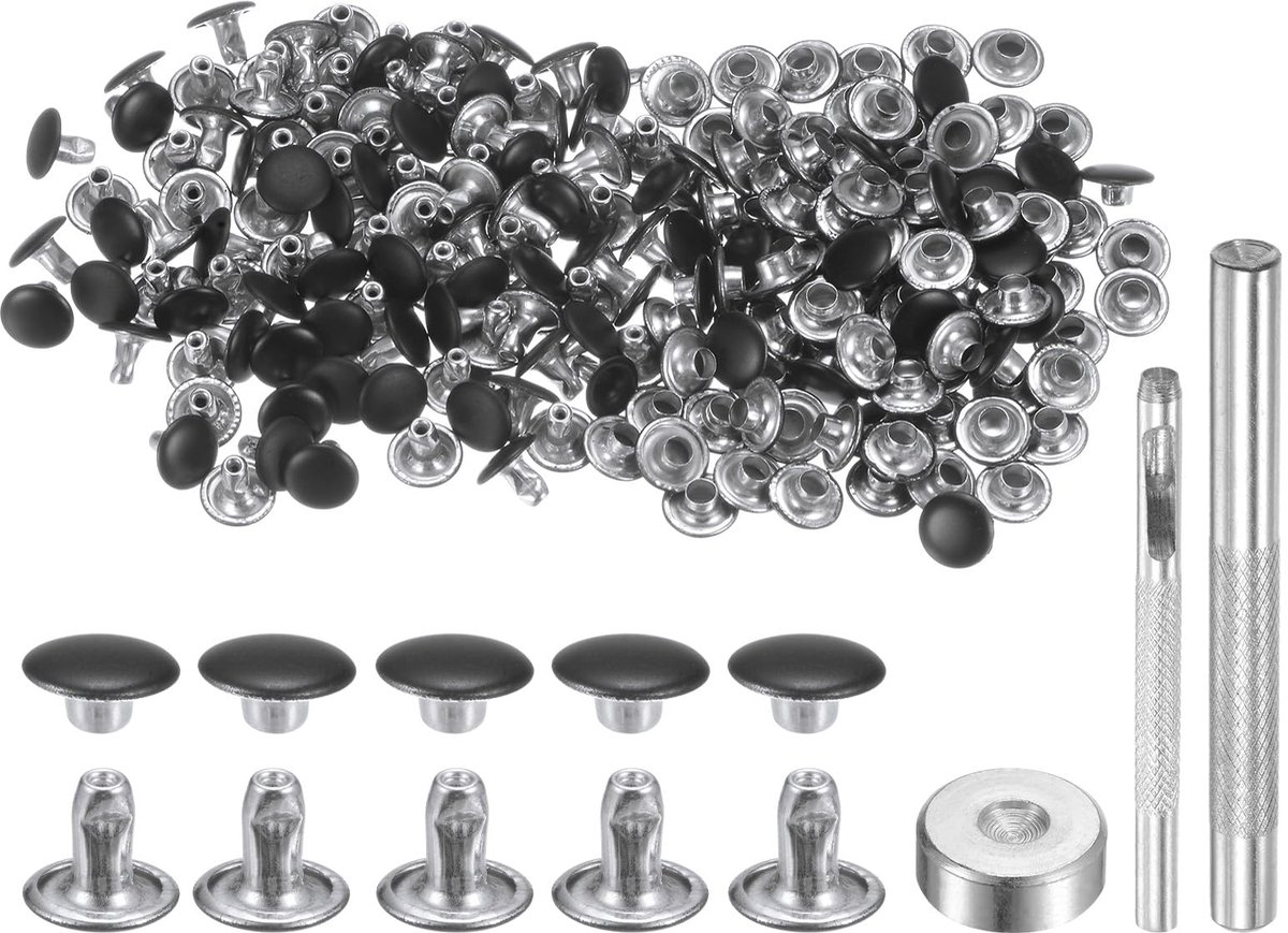100 sets klinknagels van leer, 8 mm x 6 mm, metaal, met dubbele kap, drukknopen en 3 bevestigingsgereedschappen, klinknagels voor reparatie van doe-het-zelfprojecten, mat zwart