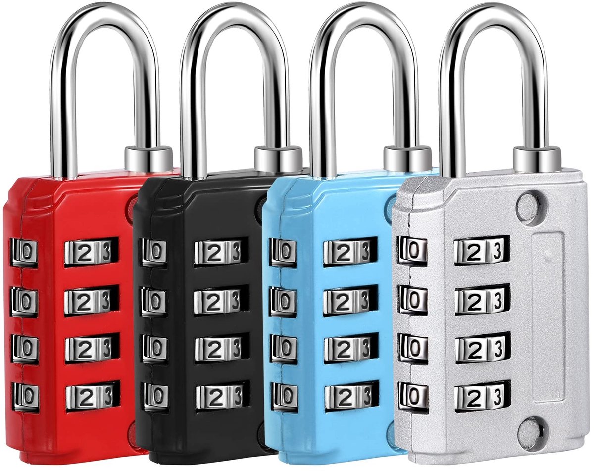 Set van 4 hangsloten, code 4 cijfers, hangslot, vliegtuig, klein, code-hangslot, metaal, voor bagagekluisje, sportschool (zilver, zwart, blauw, rood)