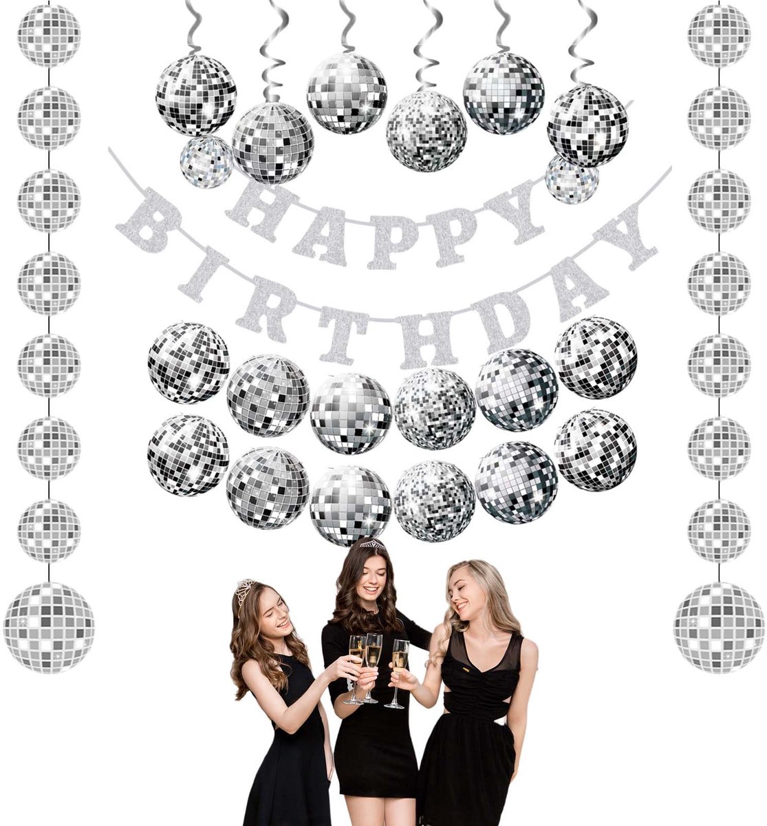 Verjaardagsslinger Set met Happy Birthday Banner, Discobal Guirlandes en Hangende Swirls, Feestdecoratie voor Verjaardag en Themafeest
