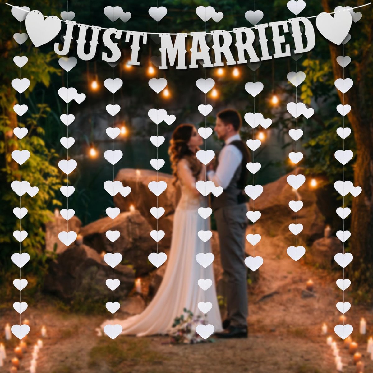 hart slinger Just Married decoratie wit papier hartslinger voor bruiloft (4 stuks, 4M)