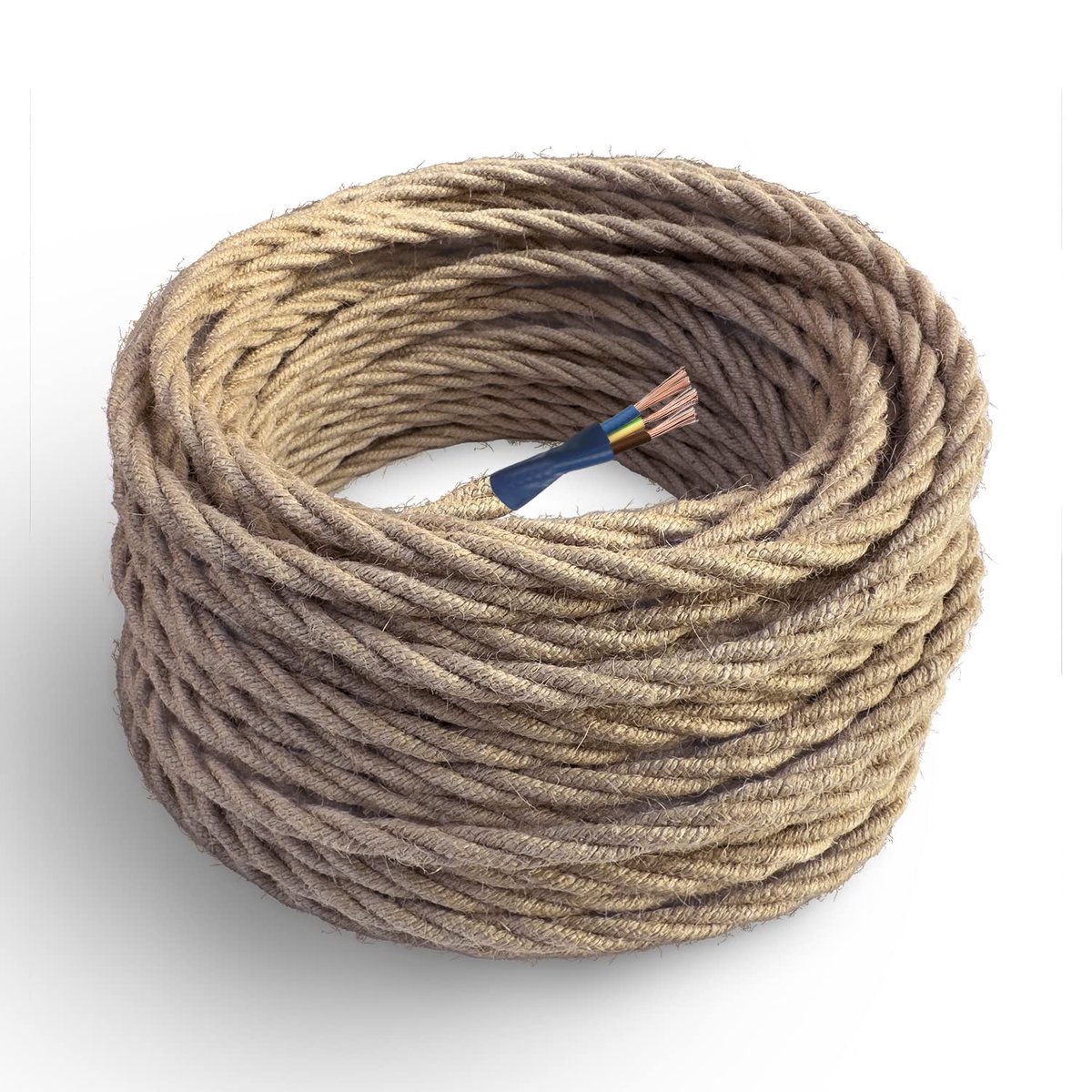 - Elektrische textielkabel kleur jute, gedraaid, jute, 20 meter, met aarding 3 x 1,50 - vintage draad met grote doorsnede van gekleurde stof.