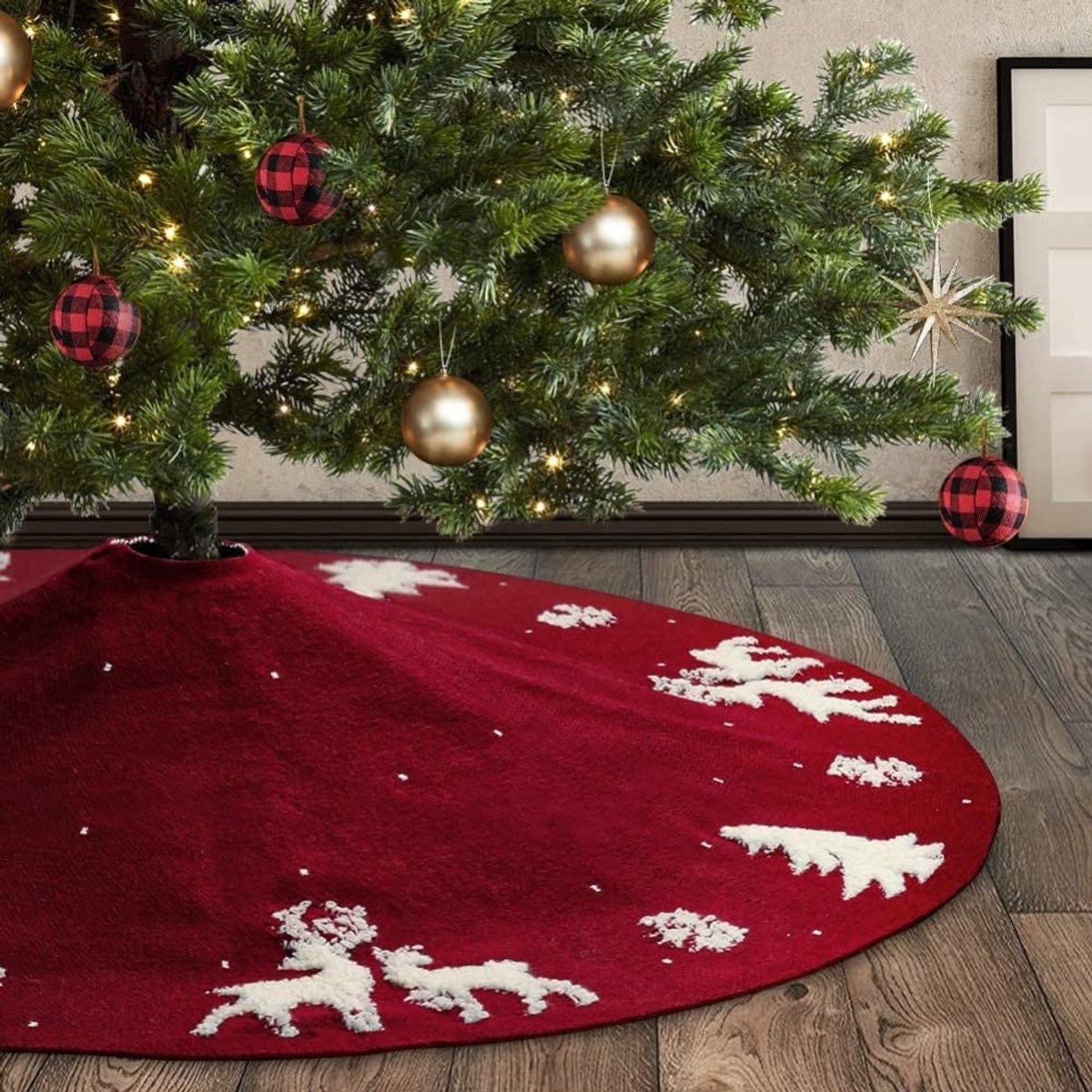 Kerstboomrok, 122 cm, grote 100% handgemaakt, wolgaren geweven tapijt 3D sneeuwvlok elanddeken (rood)