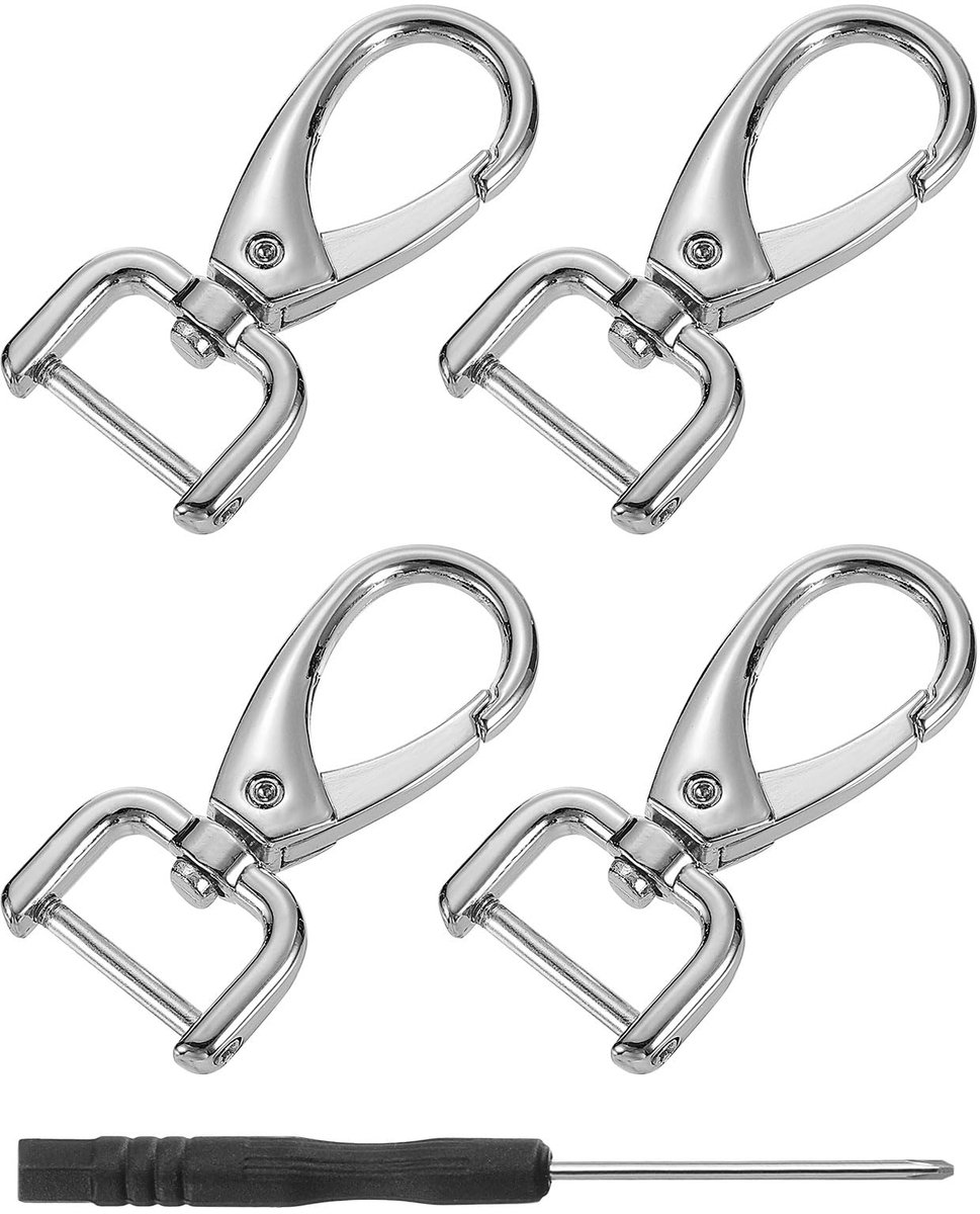 4 stuks draaibare karabijnhaken, 38 mm (1,5 inch), D-ring, afneembare klikhaak, metalen karabijnhaken met schroevendraaier, voor portemonnee, sleutelhanger, doe-het-zelf handwerk, zilver