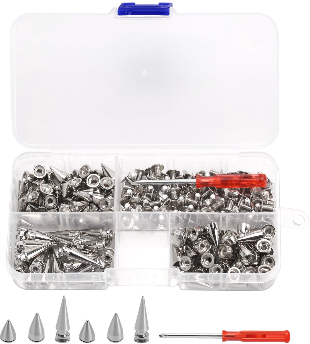 110 sets metalen Kegelnagels met schroevendraaier, zilver, 3 maten - metalen schroefklinknagels voor kleding, leer, doe-het-zelf, tassen, schoenen, decoratie (breedte 7 mm, Ø 10/14/20 mm)