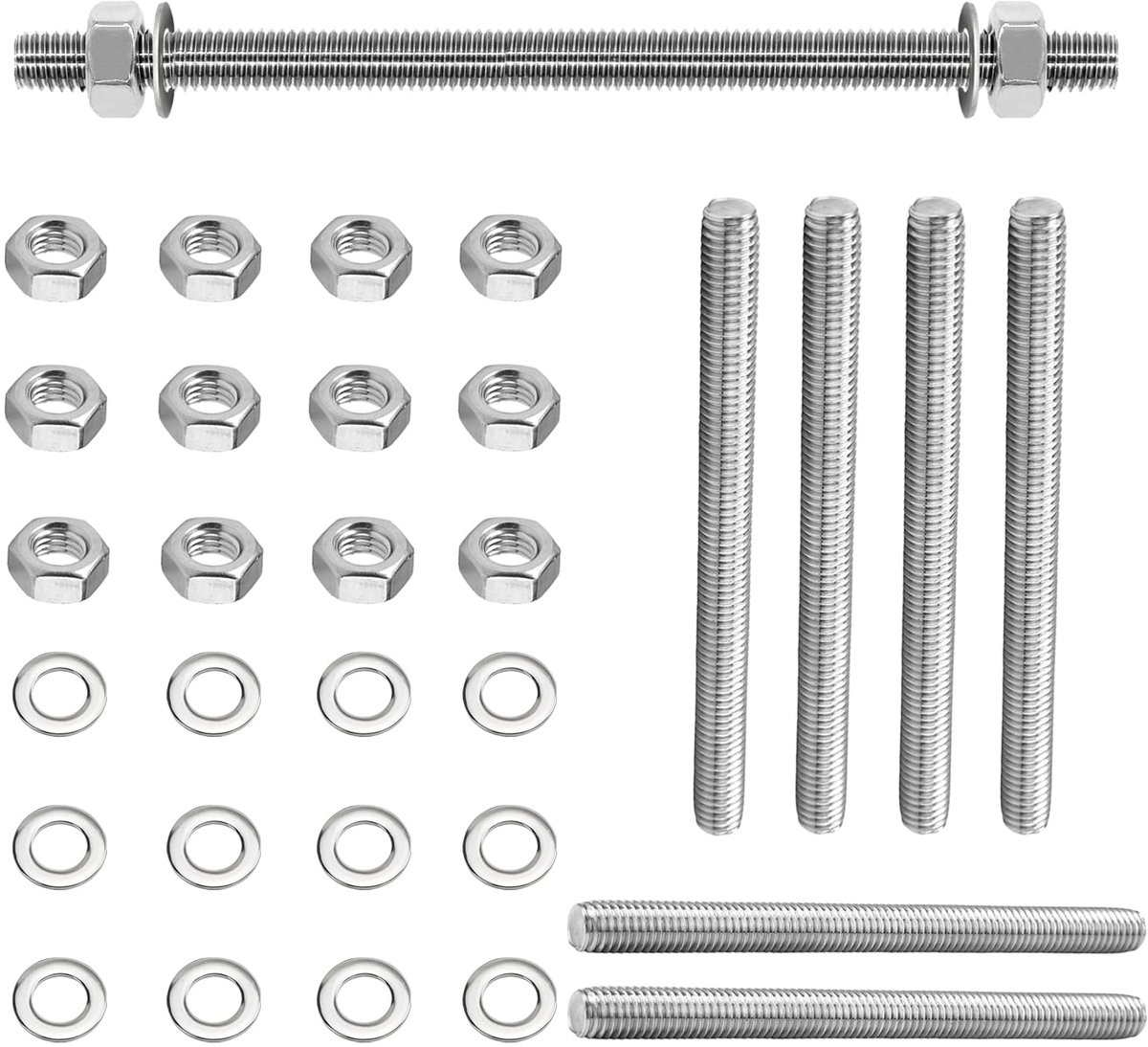 6 stuks volledige schroefdraadstangen M8 × 200 mm 304 roestvrij staal, volledige schroefdraadstang M8 met 12 zeskantmoeren en sluitringen