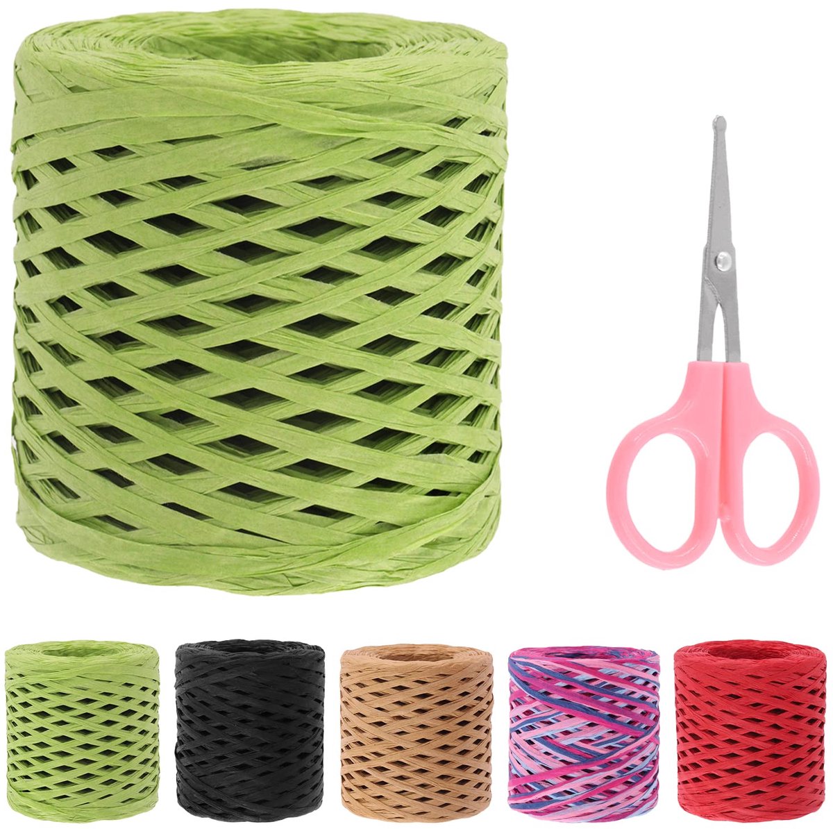 Beautifu 1 rol groen 200 m Raffia papier knutsellint met schaar assortiment kit, natuurlijke Raffia String Kraft Craft Verpakking Papier Touw voor Geschenken DIY Benodigdheden Boeketten