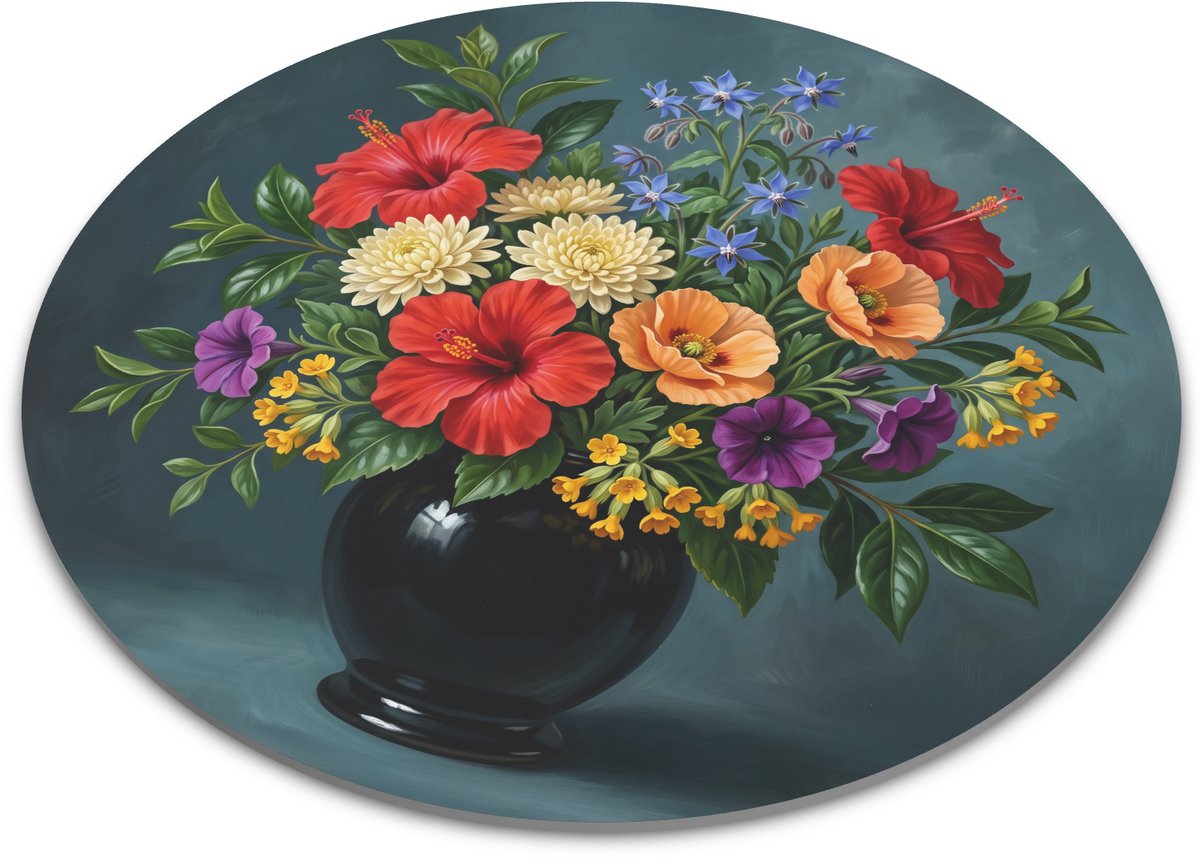 Ronde Muismat Rijke Bloemen compositie met Rode Hibiscus en Chrysanten Ronde Muismat 22 cm