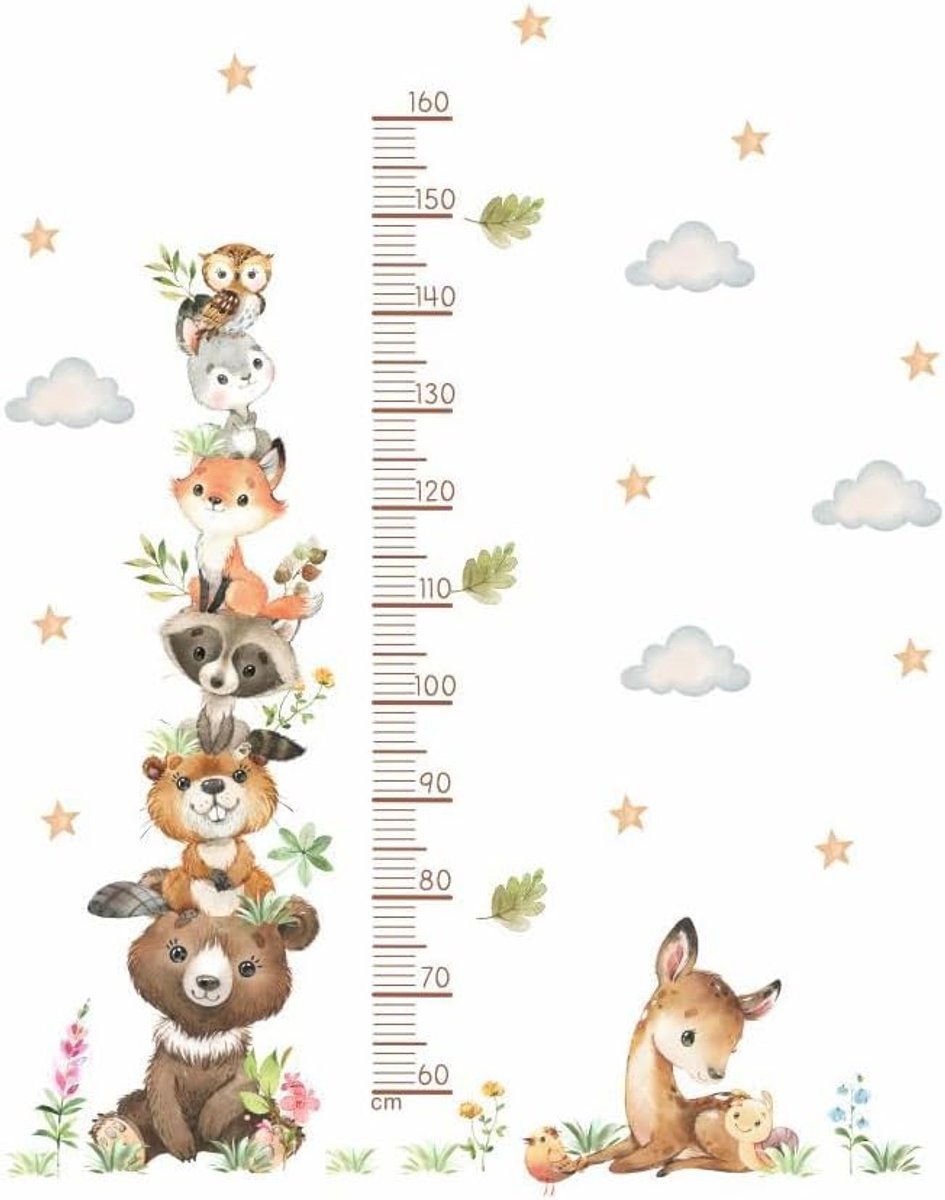 Wandtapijt voor kinderen, 60-160 cm, bosdieren, hoogtefoto, muurstickers voor kinderen, dakspaal, zelfklevend, bosdieren, muursticker voor kinderen