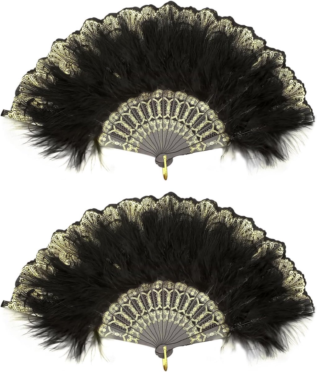 2 stuks 1920s vintagestijl vouwbare handwaaier met marabouveren, flapper-stijl vouwbare handwaaiers, handwaaier met veren, handwaaier voor een jaren 20 vintage Gatsby-feest, voor
