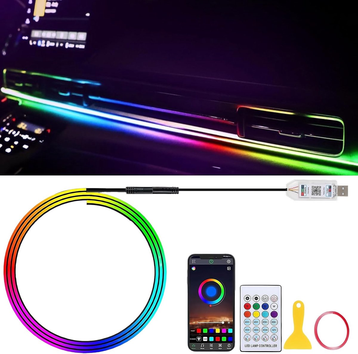 Auto LED Binnenverlichting, 110cm 146 LED RGB Omgevingsverlichting Auto Licht Binnen met APP-bediening, 16 Miljoen Kleuren, USB-poort, Omgevingsverlichting Kit Autodecoraties voor Mannen