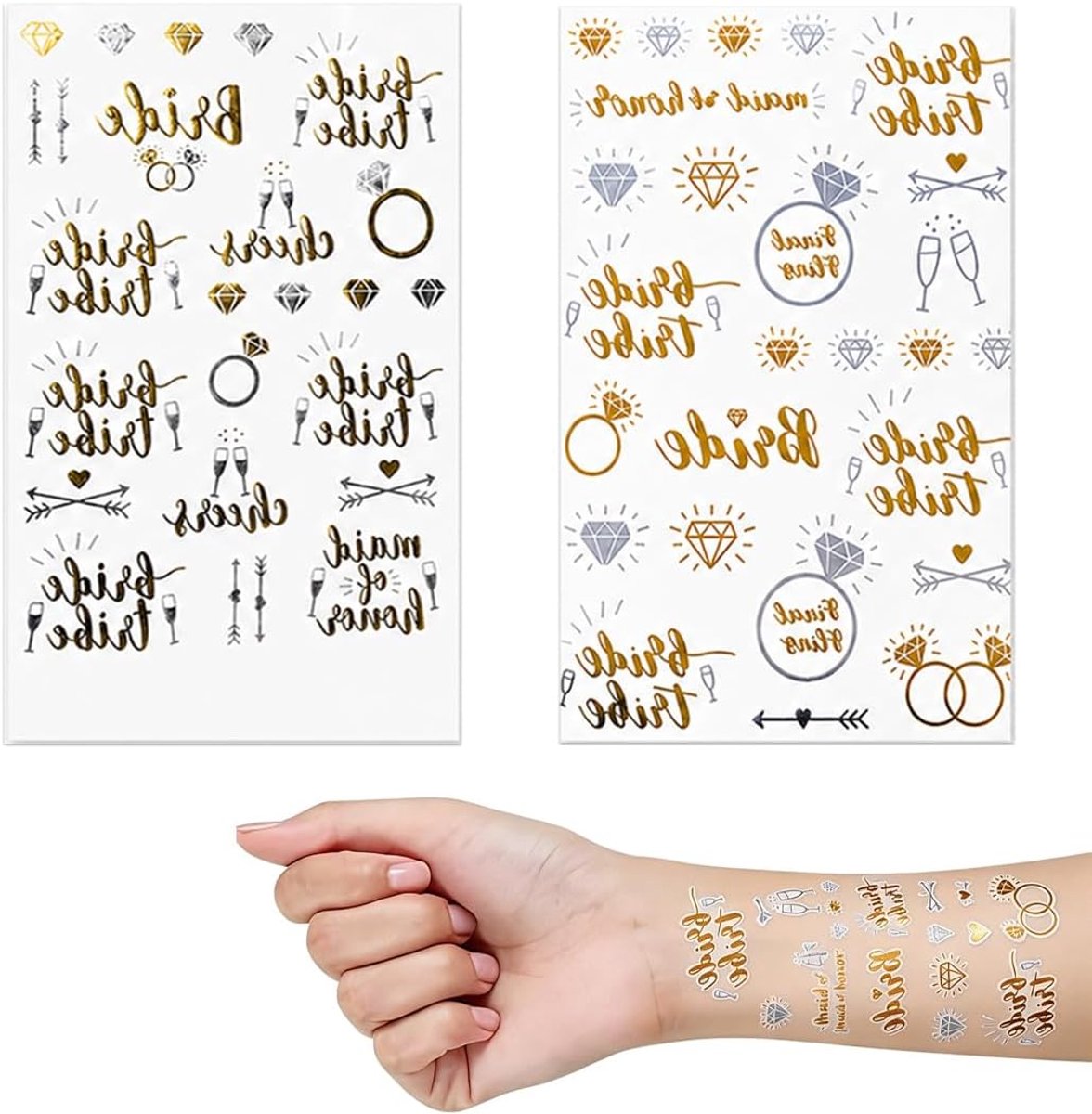 Tijdelijke tatoeages voor vrijgezellenfeest, bruid-teamdecoraties, 2 vellen in goud + zilver