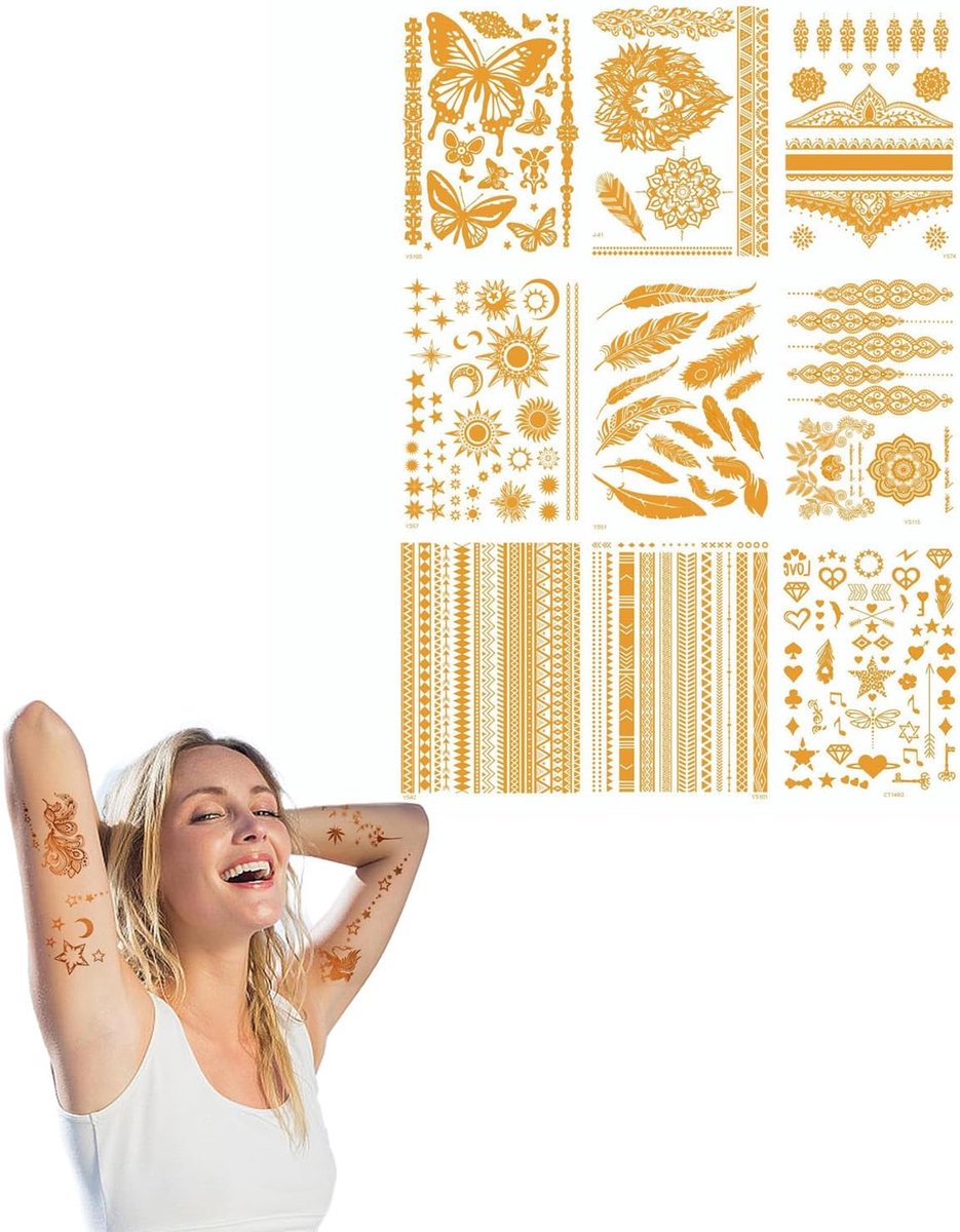 Tijdelijke tatoeages, 9 bladeren, goud, metallic, waterdicht, valse tatoeages voor dames, volwassenen, feest, festival, lichaam en gezicht