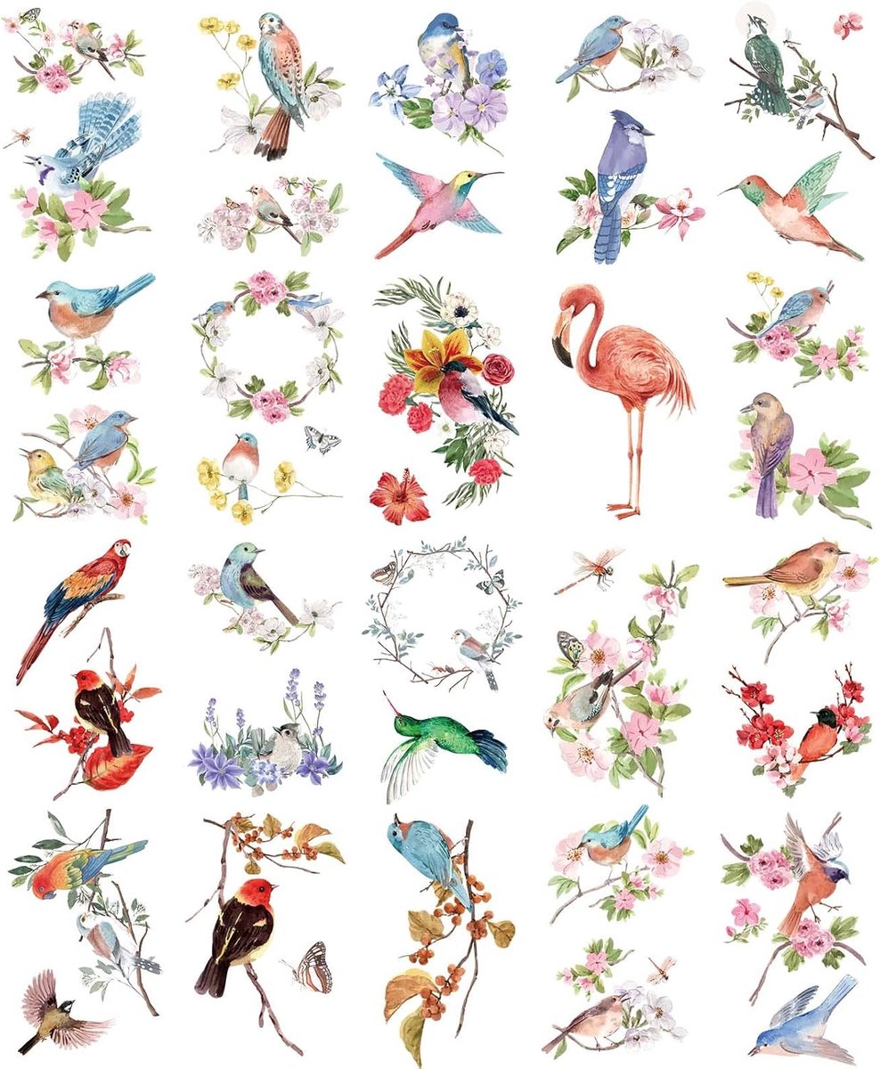 Waterverfbloemen Vogels Realistische tijdelijke tatoeages 40+ ontwerpen Waterdichte tatoeages voor dames en heren 20 stuks