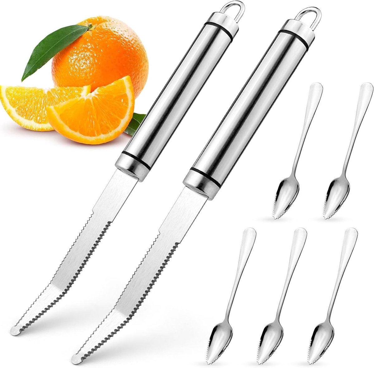 2 stuks grapefruitmessen, gebogen grapefruitschiller, gekarteld grapefruitmes voor grapefruit en sinaasappels, keukengereedschap met 5 grapefruitlepels