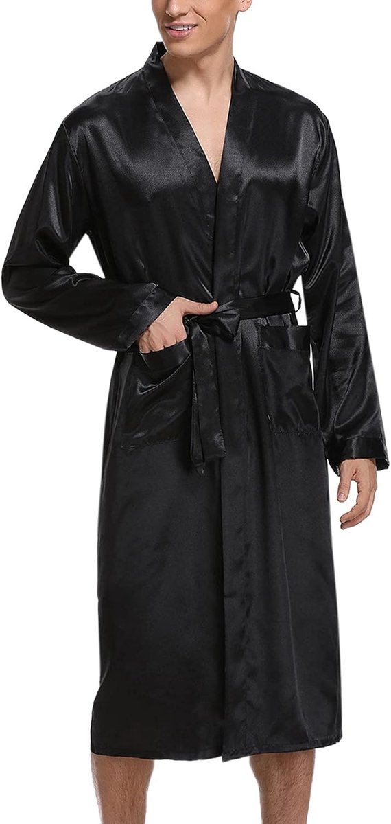 badjas voor heren, ochtendjas, lange badjas, lichte zijden nachtkleding, pyjama voor mannen, met riem, S-XXL