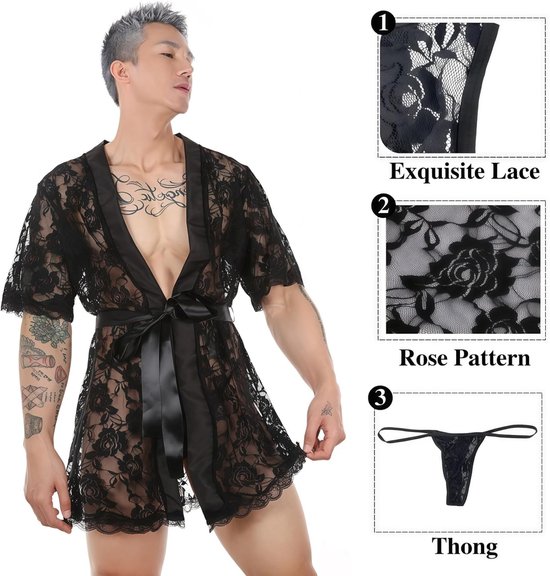 badjas voor heren, transparante nachthemd van bloemenmesh met riem, lichte ochtendjas met korte mouwen, transparant, met string, dunne en transparante pyjama's — afbeelding 2
