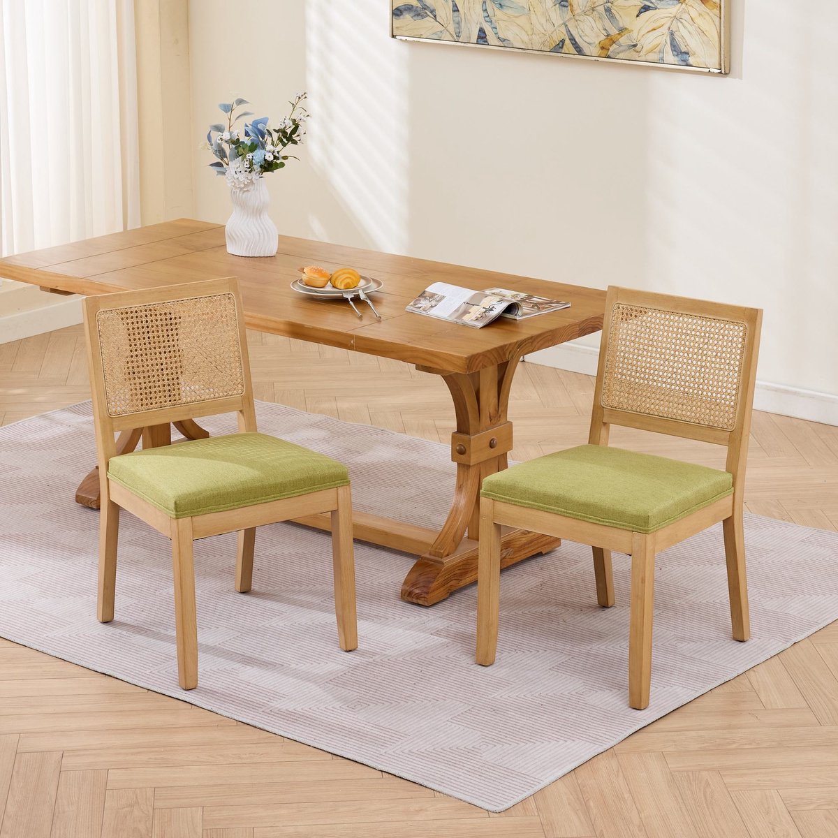 Pugsdrly Set van 2 rotan eetkamerstoelen, landelijke keukenstoelen met rieten rugleuning, mid-century moderne bijzetstoelen met frame van natuurlijk hardhout, zacht schuim- en S-veer-kussen voor de keuken thuis, olijfgroen, DE2883OL