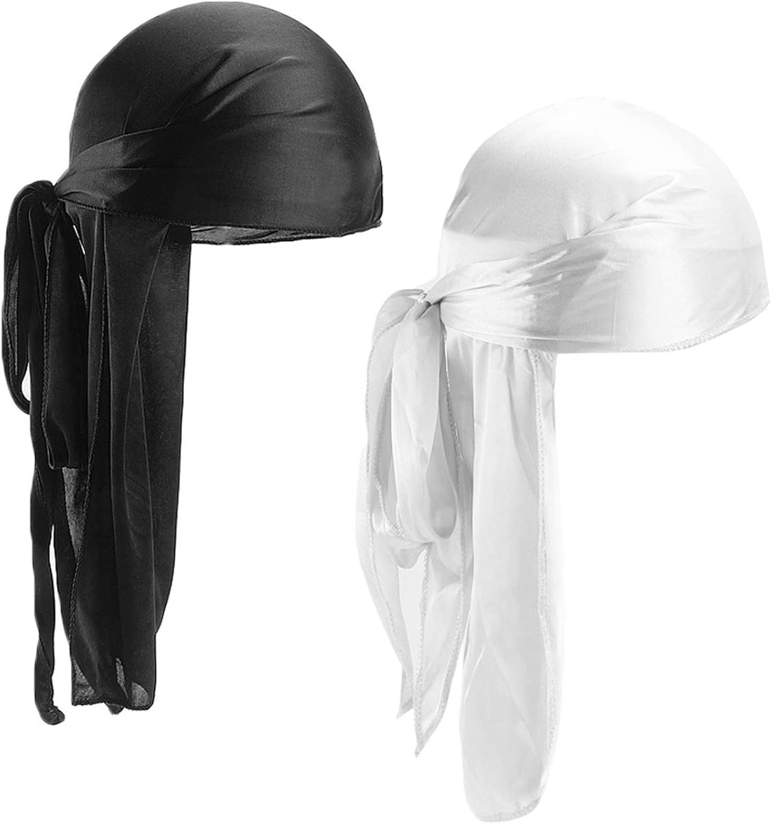 2 stuks met lange staart, uniseks, Durag Men Silk piratenbandana's met lange staart en brede bandjes, voor mannen en vrouwen, de dagelijkse hiphop-decoratie (zwart + wit)