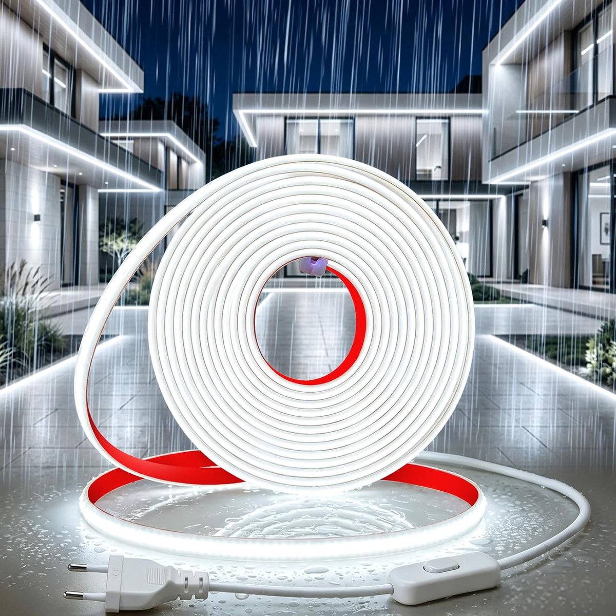 230V COB LED-Strip 2M Koud Wit 6000K Waterdicht voor Buiten IP65 | Zelfklevende Neon LED Strip 230V 8mm Siliconen 320LEDs/M Flexibel Snijdbaar CRI90+ met Schakelaar voor Binnen en Buiten