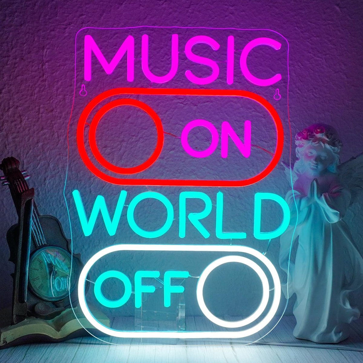 ineonlife Muziek on, World Off Neon bord, Music World Led bord, dimbaar voor wanddecoratie, letters, led-lettertekens voor bier, bar, muziekstudio, nachtclub, slaapkamer, feest, cadeau