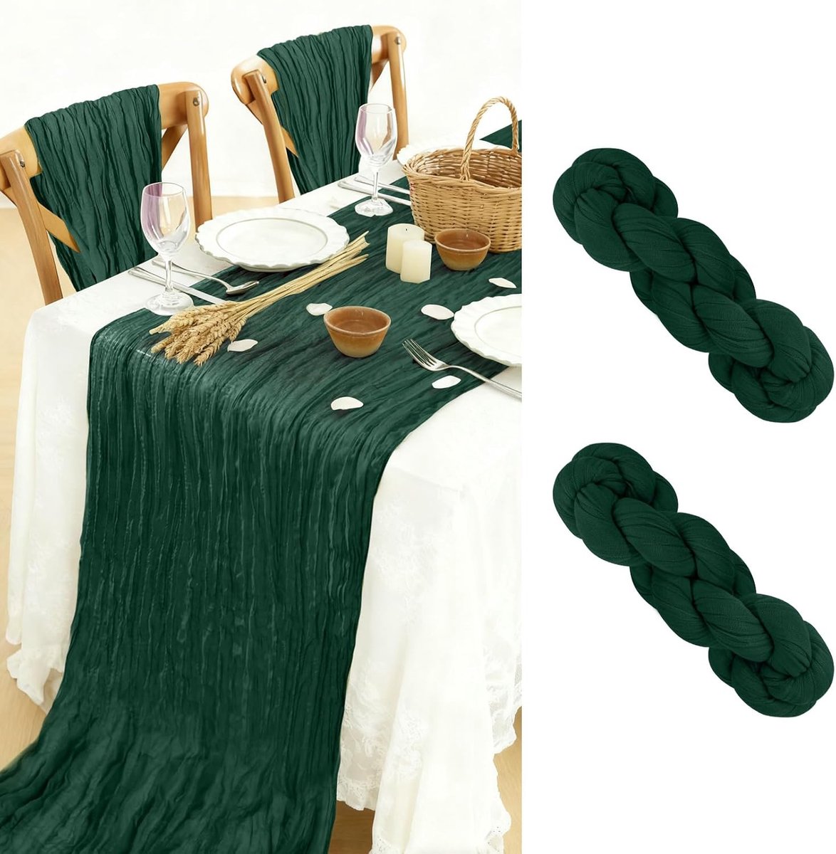Tafelloper, 2 stuks, 90 x 300 cm, boho-gaas, kaasdoek, tafelloper voor bruiloftsdecoratie, verjaardag, feest, babyshower, tafeldecoratie (smaragdgroen)