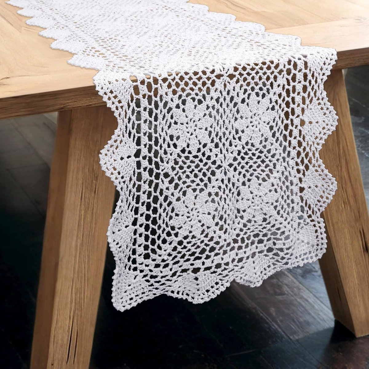 kilofly Handgemaakte gehaakte katoenen rechthoekige tafelloper 35 x 133 cm, wit