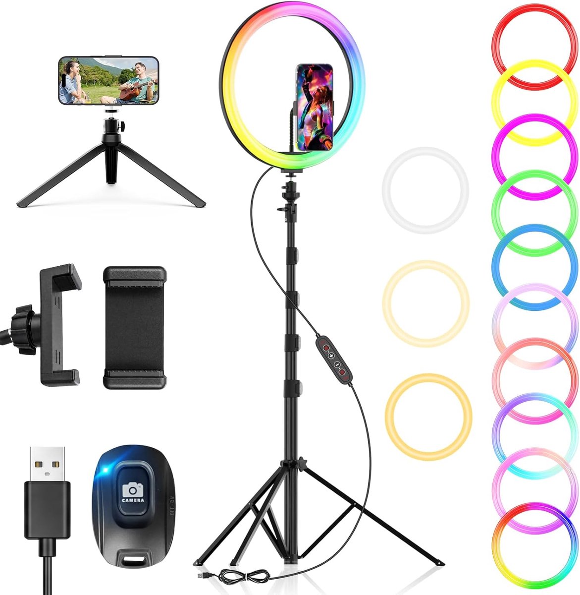 SnelShoppen - 12 Inch Ringlamp met Statief voor Mobiele Telefoon, Tafel, LED Ringlicht, 48 RGB Modi, 13 Helderheid voor YouTube, Selfies, Make-up, Fot