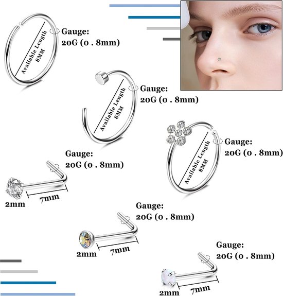 26 Stuks 20G Neus Ring Neus Stud Chirurgisch Staal Neus Piercings Set CZ Glanzend Septum Piercing Vlinder Slang Neus Studs Piercing Neus Ringen Goud Silver Neus Piercings Sieraden — afbeelding 5