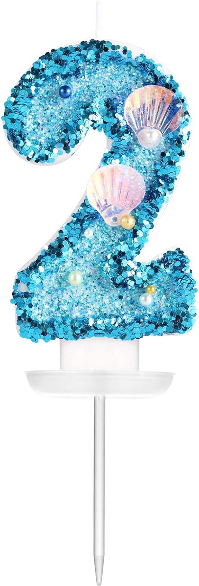 7,5cm Verjaardag Nummer Kaars, Glitter Nummer Kaars Blauw Schelp Pailletten Taart Cijfer Kaarsen Nummer Kaarsen voor Verjaardag Jubileum Zeemeermin Thema Feest (Nummer 2)