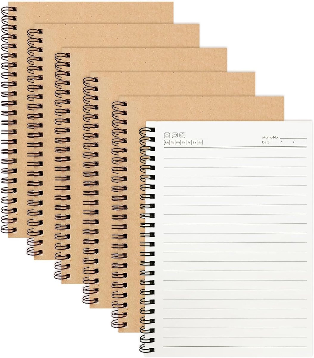 A5, gelinieerd, spiraalblok, verpakking van 6 stuks, spiraal notitieboek A5 met 80 g papier, 120 pagina's, kraftpapier omslag, voor school, studie, universiteit, kantoor, dagboek
