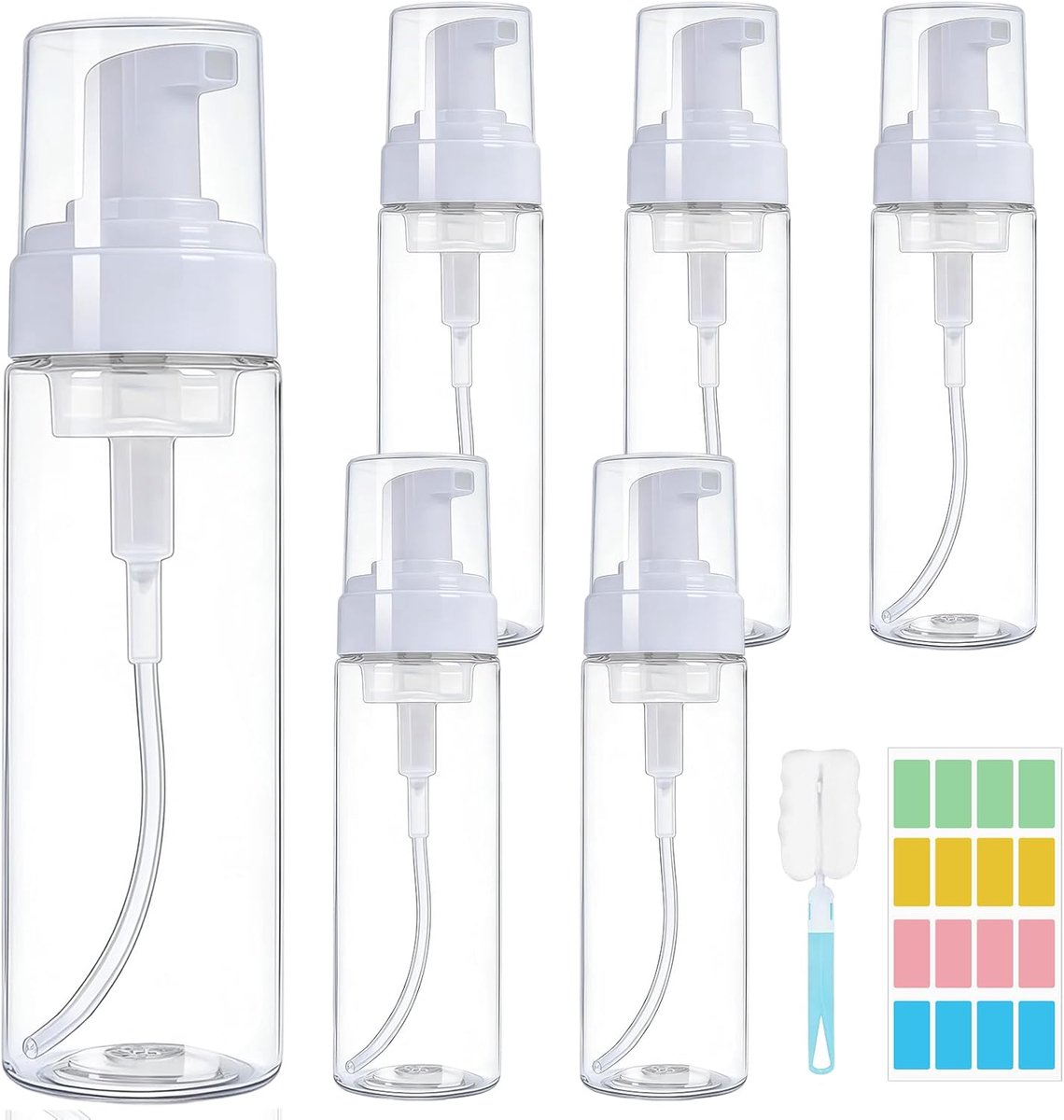 Set van 6 Schuimdispensers, 200ml Schuimpompen Flessen met Sponsborstels en Stickers, Herbruikbaar Heldere Kunststof Schuimzeepdispenser Pompfles voor Zeep, Cosmetica, Sportschool, Kantoor