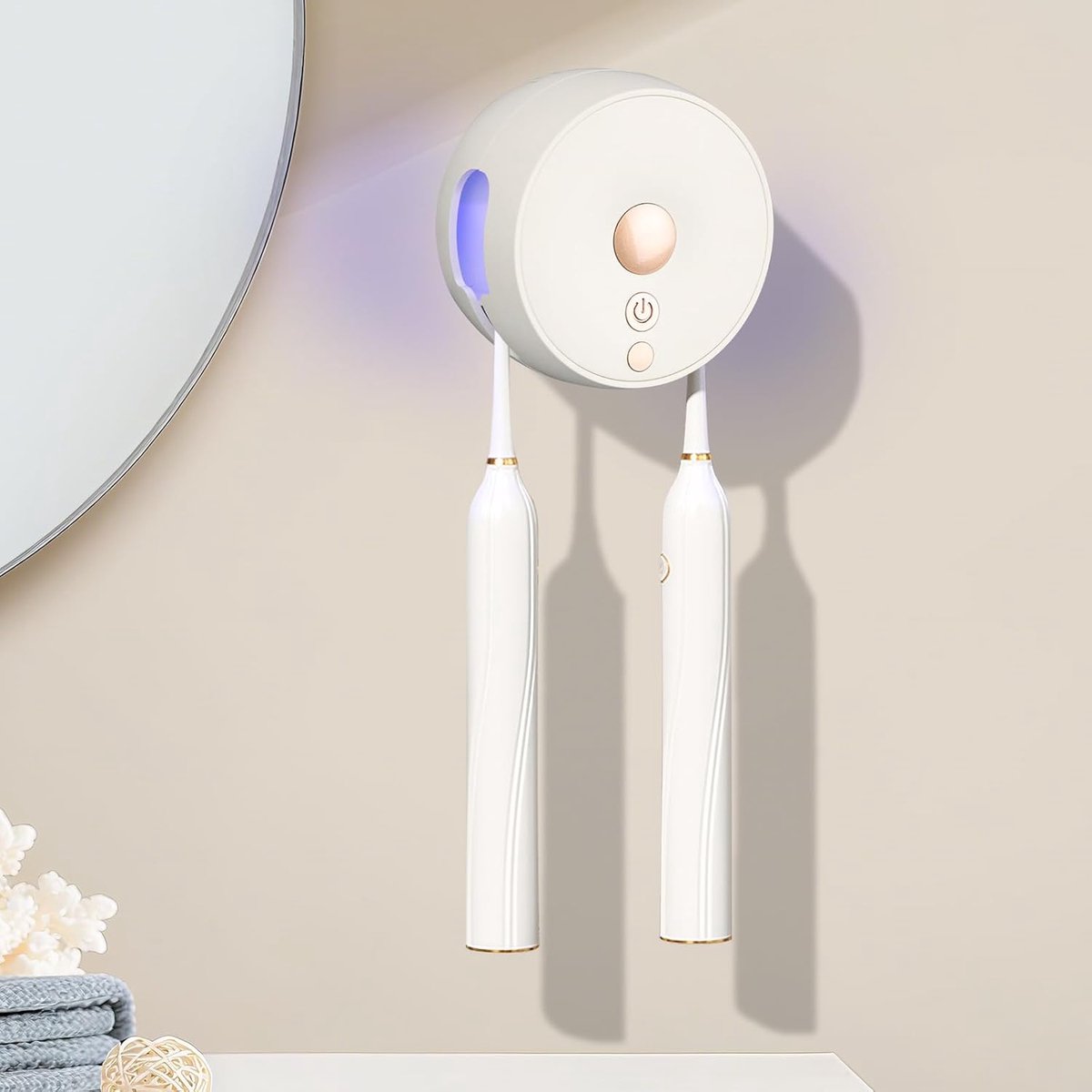 mumisuto Draagbare UV-sanitizer tandenborstelhouder voor aan de muur zonder boren met droog- en timerfunctie, 400 mAh oplaadbare tandenborstelhouder, 2 sleuven, badkameraccessoires voor 2 personen