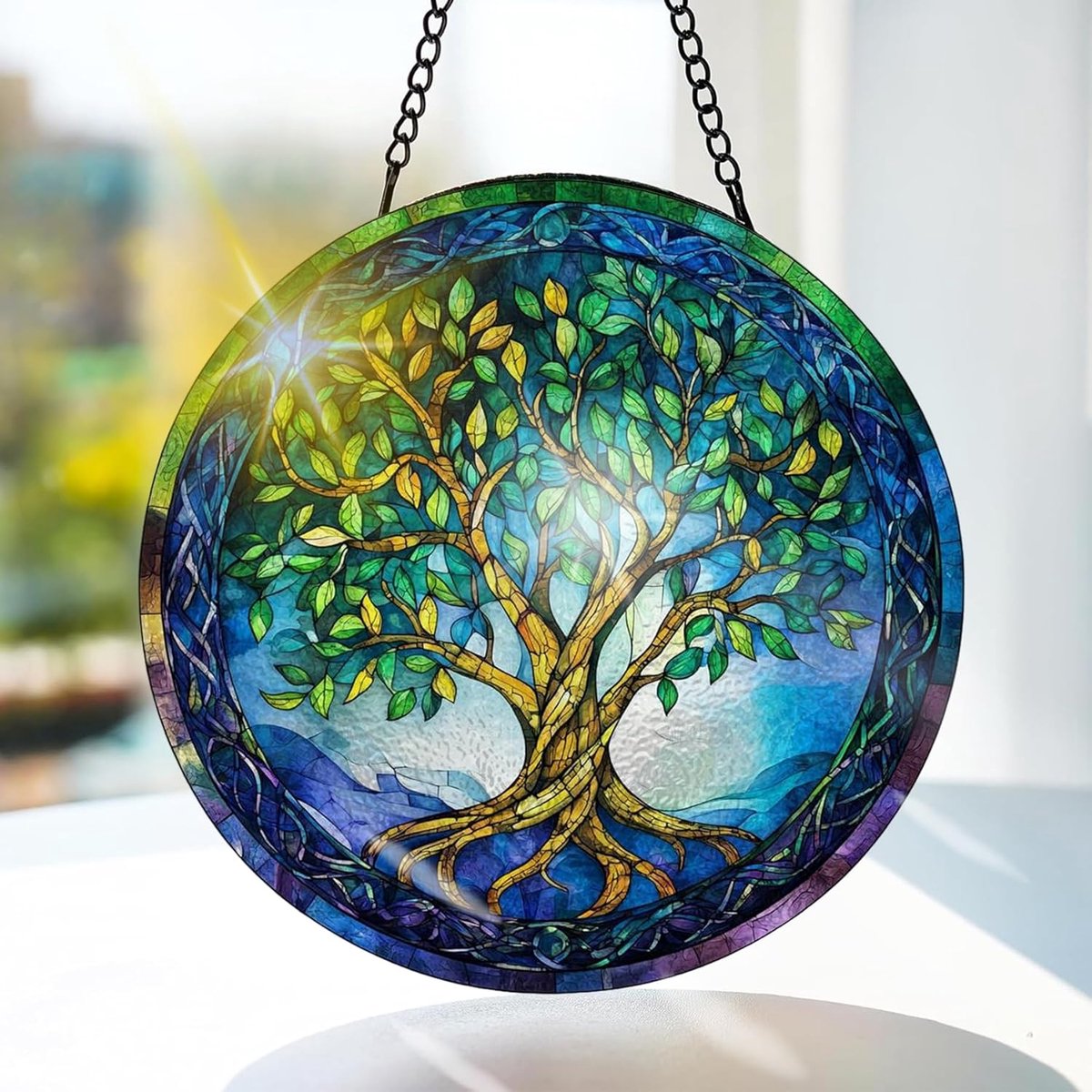 Levensboom Gekleurd Glas Hangend - Bladeren Hangende Raamdecoratie - voor Tuin, Raam en Deur, Kerst, Handgemaakte Suncatcher Decoratie 20x20 cm