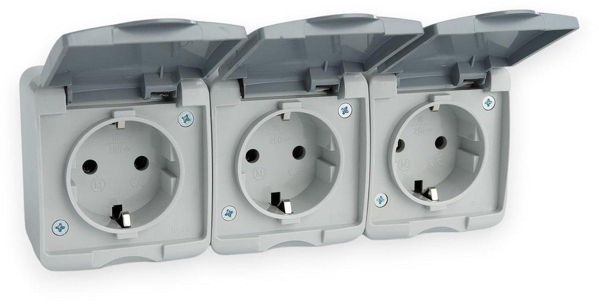3-voudig stopcontact met klepdeksel, opbouw, 230V, 16A, IP44 | Horizontaal opbouwstopcontact, Vochtige ruimte, Schuko-stopcontact, Beschermd tegen spetterwater en stof