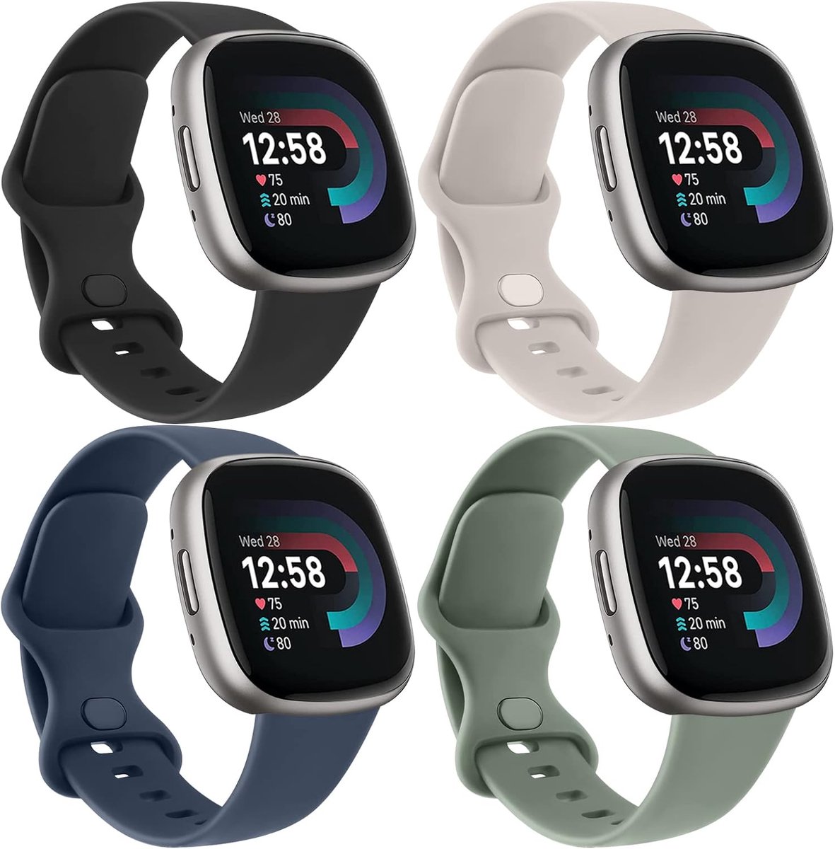 4 stuks armbanden compatibel met Fitbit Versa 3 / Versa 4 / Fitbit Sense / Sense 2 polsband voor dames en heren, reservebanden voor zachte sporten voor Fitbit Versa 4/3/Fitbit Sense/Sense 2